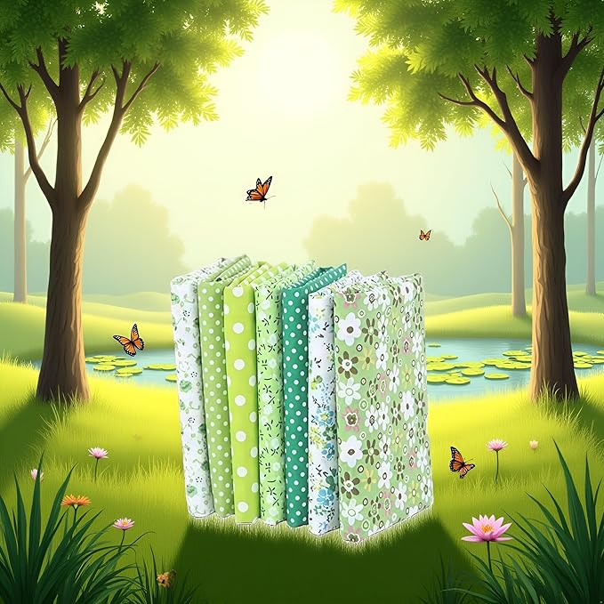 7Pcs Top Green Cotton Craft Fabric Bundle Squares Patchwork DIY Sewing Scrapbooking Quilting Floral Dot Pattern Craft and Hobby Fabric 10" x 10" (25cm x 25cm)