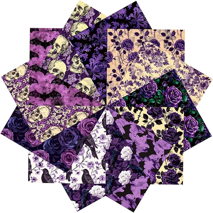 12 Sheets Gothic Purple Halloween Scrapbook Paper 6" x 6" – Dark Vintage Skull Rose Raven Bat Medieval Pattern Craft Paper for Decoupage, Journaling, Origami, Card Making, DIY Projects