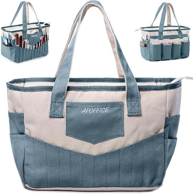 APOFFICE Pottery Tools Bag with Pockets for Clay Sculpting Tools, Ceramic Tools– Art Supply Organizer for Polymer Clay Tools, Craft Tote, Yarn & Crochet Storage, Washable Canvas Artist Bag Gift