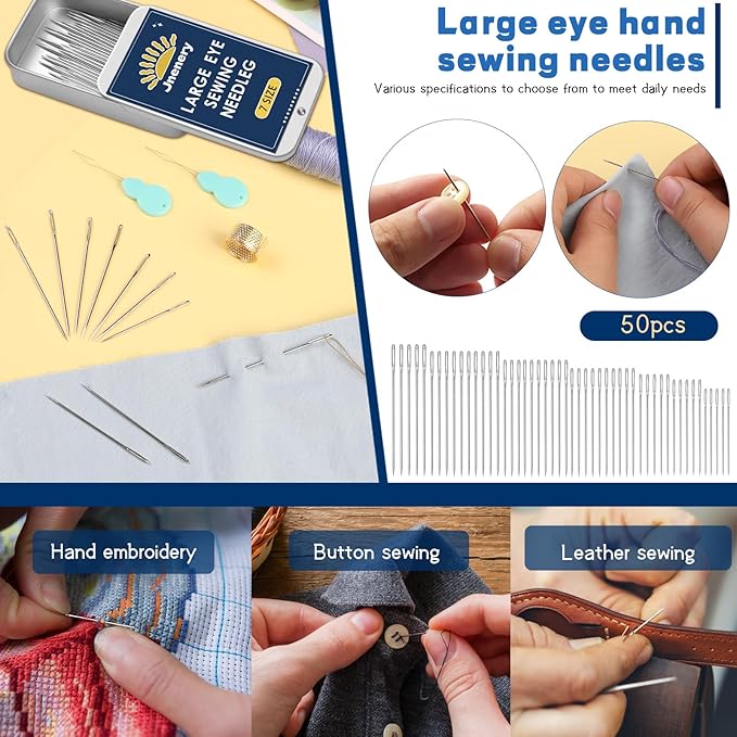 50 Pcs Large Eye Sewing Needles, 7 Size Sewing Needles for Handsewing, Leather Embroidery Thread Sharp Needle, Stainless Steel Yarn Knitting Needle with Threader, Thimble for Repair, Quilting
