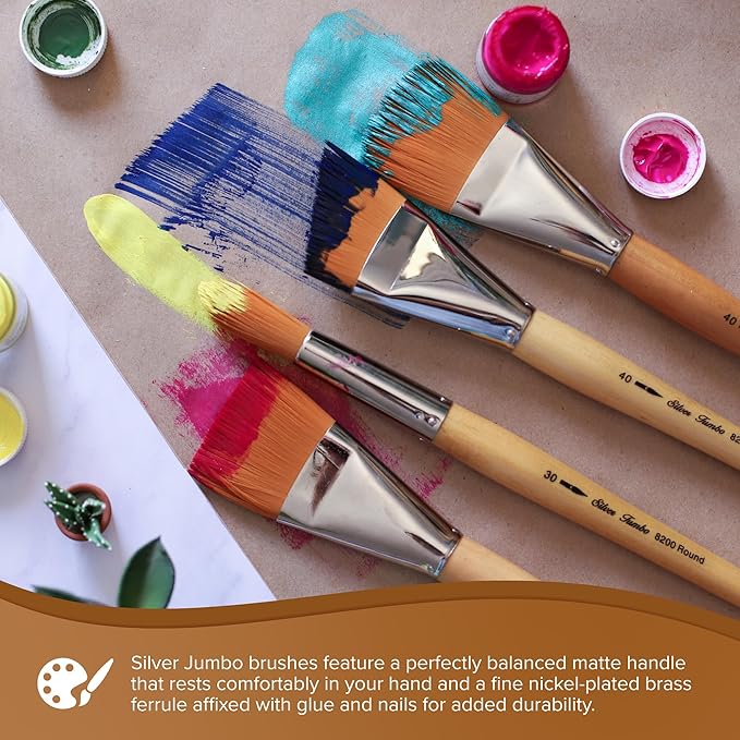 Silver Brush Limited 8201-40 Silver Jumbo Golden Taklon Flat Paintbrush for Oil, Acrylic, Heavy Body Paints, Gesso & Grounds, Varnish & Top Coat, Size 40, Mid Length Handle