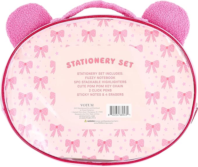 VOTUM Fuzzy Bear Stationery Gift Set for Kids – Plush Notebook, Stackable Highlighters, Click Pens, Sticky Notes & Erasers – Cute Pink Writing Supplies Case