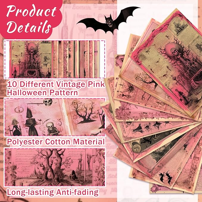 Hahafelt 10 Pcs 18 x 22 Inch Pink Halloween Quilting Fabric Vintage Halloween Pink Ghost Fat Quarters Precut Retro Bat Skeleton Eyes Fabric Squares for Holiday Sewing DIY Handmade Craft