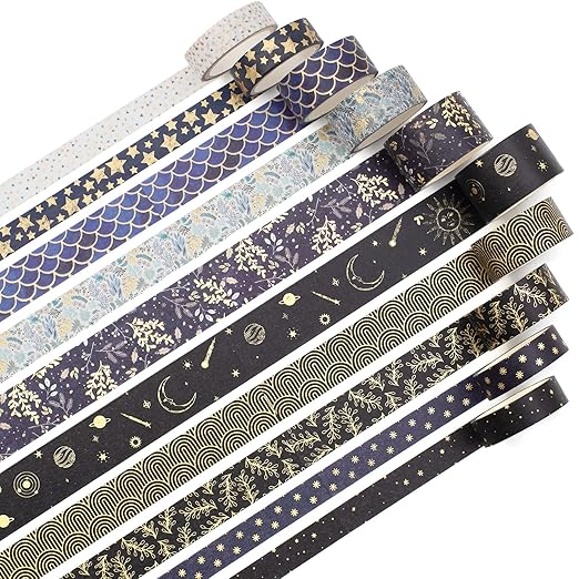 YUBX Creative Washi Tape Set 10 Rolls Gold Foil Print Decorative Masking Tapes for Arts, DIY Crafts, Journals, Planners, Scrapbook, Wrapping (Black Mashup)
