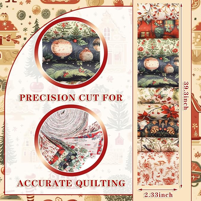 Fanfanwin 40 Pcs Vintage Christmas Quilting Fabric Roll 2.56 Inch Precut Fabric Squares Jelly Patchwork Santa Red Cardinal Poinsettia Strips Materials for Winter Xmas Holiday Craft Sewing Panels DIY