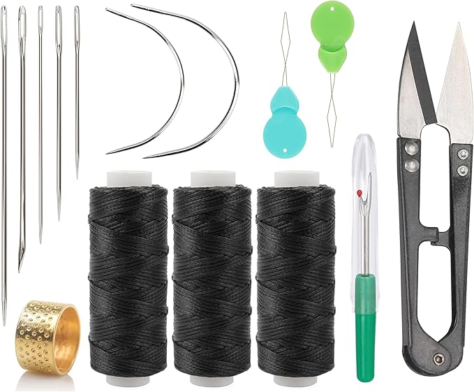 Waxed Thread 96 Yards Hand Sewing Kit Set 210D Flat Sewing Waxed Thread, 7 Pcs Leather Repair Needles with Sewing Scissors for Home Upholstery Carpet Leather Canvas Repair and Sewing