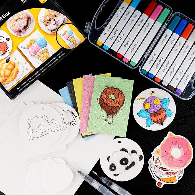 Edaick 56 Pcs Magic Foam Texture Painting Kit Puffy Paint Paper 3D Drawing Sponge Canvas DIY Art and Craft Supplies Foam Texture Paper with Colors Marker Water Brushes for 3D Craft Drawing