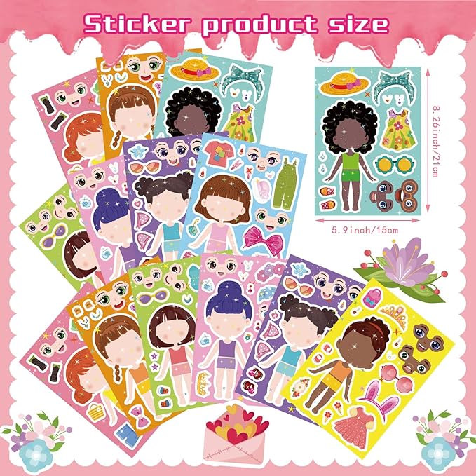 24 Sheets Make a face and Dress Up Stickers for Girls, Make Your Own Stickers for Kids Toddlers, Party Favor, Age 3+ Birthday Gift, Art Craft, Classroom Teacher Reward