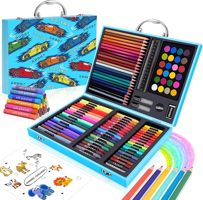 homicozy Art Supplies Kit for Kids Ages 4-12,Blue Art Case Coloring Set,Drawing Kits with Markers, Crayons,Colored Pencils,Oil Pastels,Coloring Book,School Supplies,Gift for Boys Kids Artist Age 4+