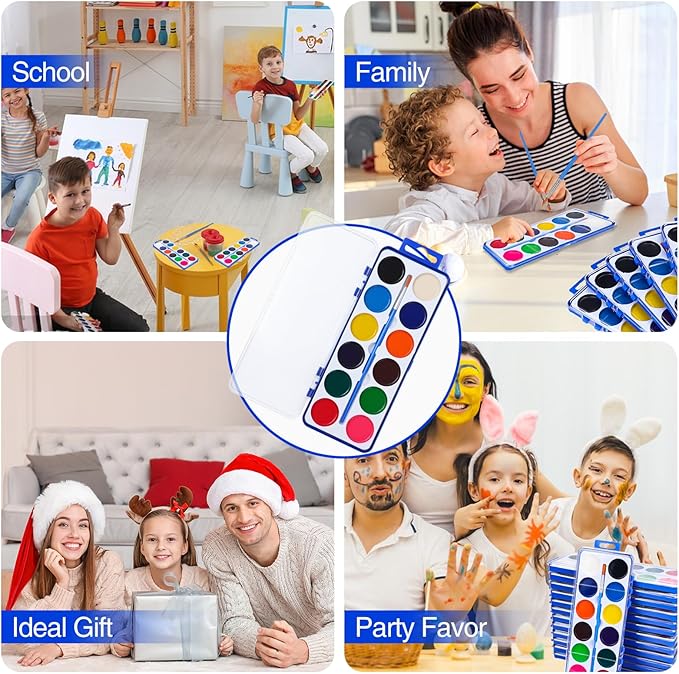 24 Pack Watercolor Paint Set Kids, 12 Colors Water color paint sets for kids with Paint Brush, Kids Watercolors Paint Set for Party Favor, Classroom.