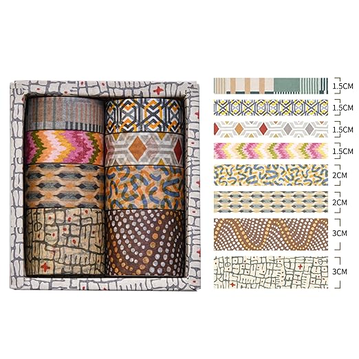 8 Rolls Retro Washi Tape Set Vintage Arts Adhesive Tapes Wide Painting Patterned Decorative Masking Tape Sets for Craft, Kids, Scrapbook, DIY, Gift Wrapping (Geometric Aesthetics)