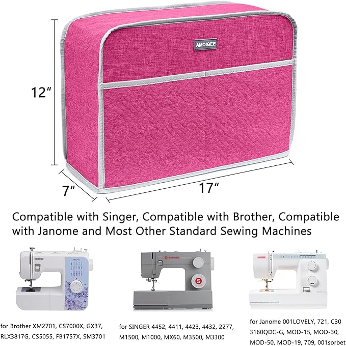AMOIGEE Sewing Machine Cover for Brother, Singer, Janome – Quilted Dust Cover with Storage Pockets, Padded Protective Sewing Machine Case Fits Most Standard Sewing Machines (17" x 7" x 12")