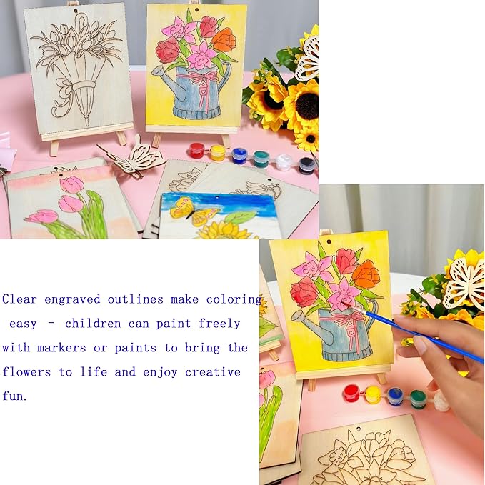 Piatoeke 16PCS 5.9×4.7in Unfinished Wooden Flower Cutouts Board for Kids Painting,Wood Crafts DIY Fun Things to Paint and Hang(Flower)