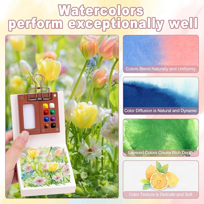 Mini Watercolor Paint Set, Tiny Mini Paint Palette Travel Kit, Portable Pocket Artist Water Color Travel Set with 12 Colours, Sketchbook, Watercolor Pens, 8 Grid Paint Box For Painters and Artists