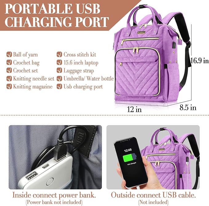 Knitting Bag Backpack, Crochet Bag Tote, Yarn Organizer with USB Charging Port, Christmas Gifts Large Travel Knit Storage Tote for Crochet Hooks, Knitting Needles, Yarn Supplies, Purple