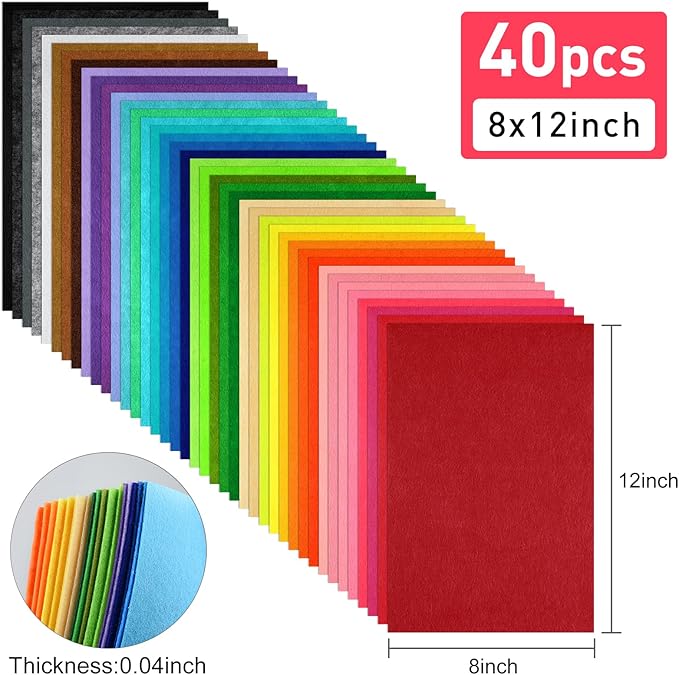 40 Pcs Soft Felt Fabric Sheet 8" x 12" Assorted Color Felt Fabric Sheets for Crafts DIY Handcraft Sewing Squares Patchwork Nonwoven