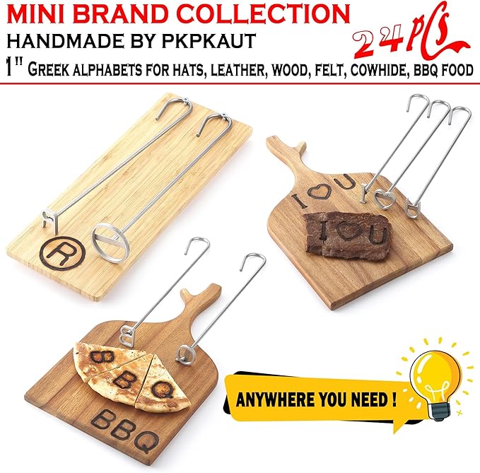 24Pcs Mini 1" Branding Irons, Greek Alphabet Custom Wood Branding Iron Personalized for Wood Working, Leather Hats, Felt, Cowhide, BBQ Brander & Bread Logo, Steak Branding Iron for Food