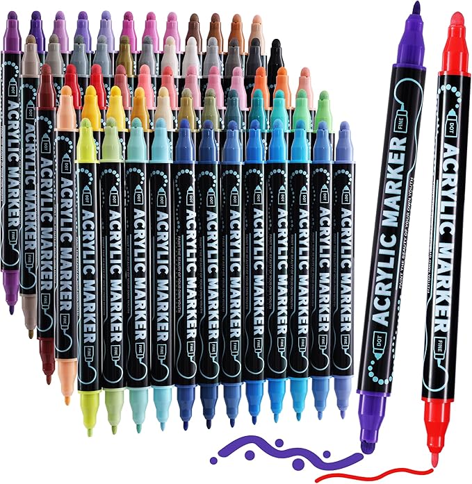60 Colors Waterproof Dual Tip Acrylic Paint Markers for Adult, Dot & Fine Tip Premium Professional Coloring Markers Set for Rock, Glass, Wood, Ceramic and DIY Crafts Making Art Supplies