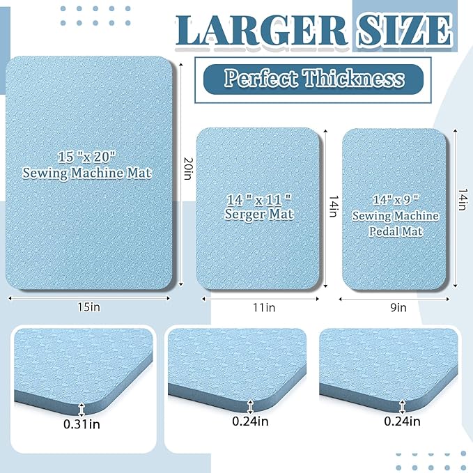 3 Pcs Sewing Machine Muffling Mat Pedal Mat Sewing Machine Pad No Slip Rubber Stay in Place Mats for Calms Vibration(Light Blue,15 x 20 Inch,14 x 9 Inch,14 x 11 Inch)