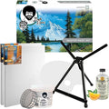 Jerry's Artarama Bob Ross Master Paint Set Artist Bundle 6 Items with Travel Easel, Pre Stretched Painting Canvas, 8oz Natural Brush Cleaner, Clear Acrylic Palette, and Cleaning Bucket & Screen