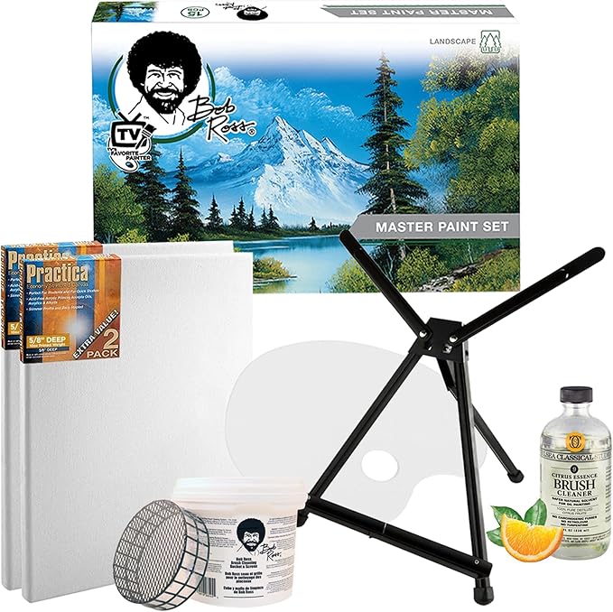 Jerry's Artarama Bob Ross Master Paint Set Artist Bundle 6 Items with Travel Easel, Pre Stretched Painting Canvas, 8oz Natural Brush Cleaner, Clear Acrylic Palette, and Cleaning Bucket & Screen