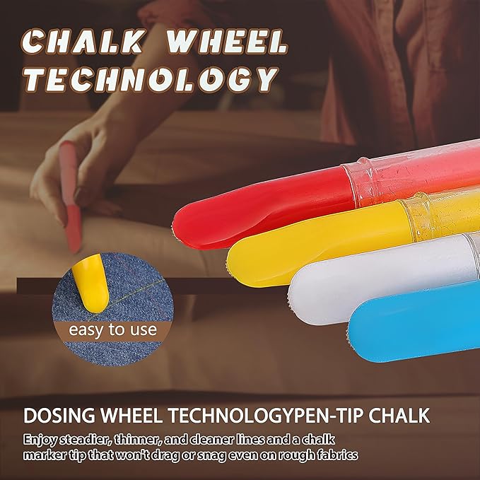 Fabric Chalk Markers for Sewing,Quilting,Crafting|Erasable Tailor Chalk|Work on Various Fabrics|Dosing Wheel Drawing Precise Line(2pk Red,White professional tailors chalks pencil&1Ruler)