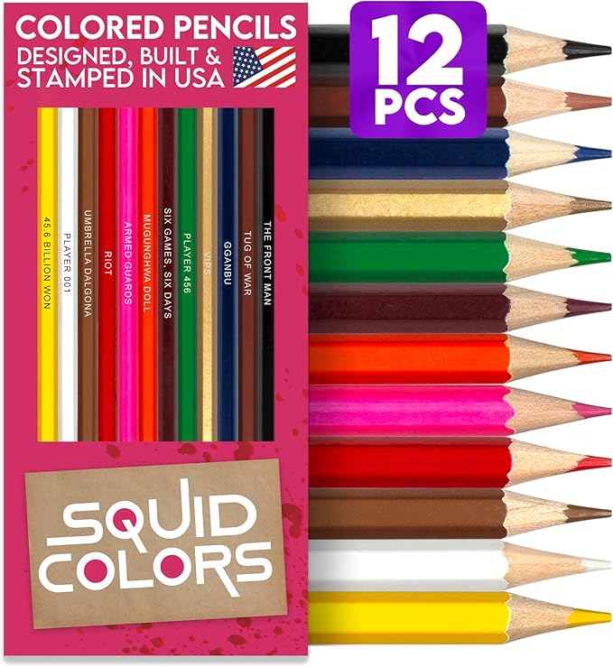 Squid Colors Wooden Colored Pencil Set for Kids – 12 Squid Game-Inspired Parody of Korean Series with Foil-Stamped Names, Adults Coloring Books and Recreation - Ideal for Squid Game-Fan Gift