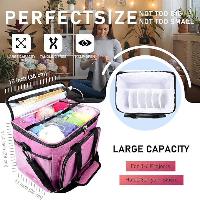 Hoshin Knitting Bag for Yarn Storage, High Capacity Yarn Totes Organizer with Inner Divider Portable for Carrying Project, Knitting Needles(up to 14”), Crochet Hooks, Skeins of Yarn (Purple)