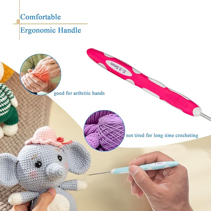 Ryhiac 9 PCS Longer Ergonomic Crochet Hooks Set USA Standard Size B to J 2.0mm-6.0mm Soft Grip Handles Smooth Crochet Needles Knitting Needles for Arthritic Hands,Beginners(Set C)