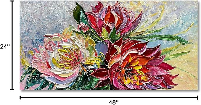 Art Hand Painted red Flowers Art Oil Painting 24x48 Thick Texture Abstract Wall Decorative Art Oil Painting