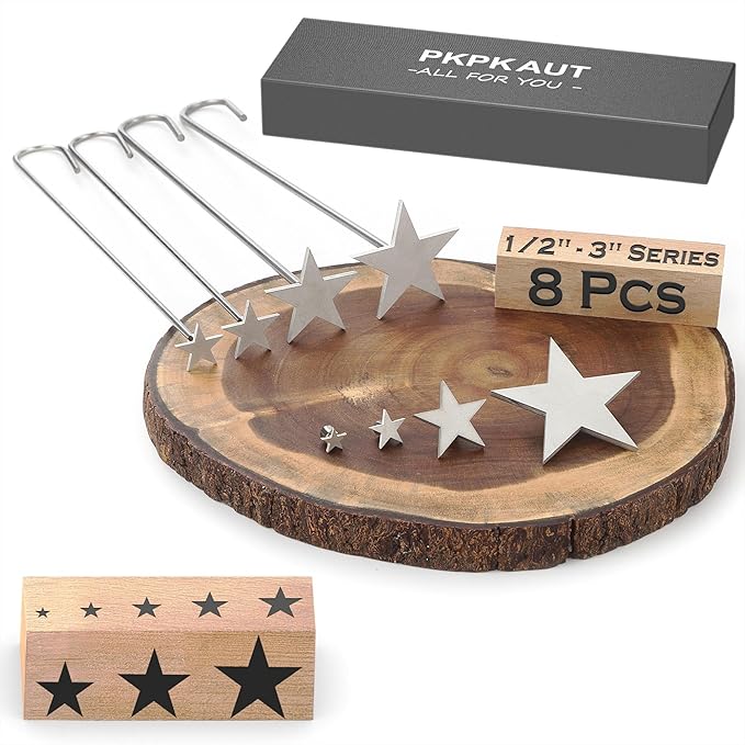 8Pcs Mini 1/2"-3" Branding Irons, Star Silhouettes Custom Wood Branding Iron Personalized for Wood Working, Leather Hats, Felt, Cowhide, BBQ Brander & Bread Logo, Steak Branding Iron for Food