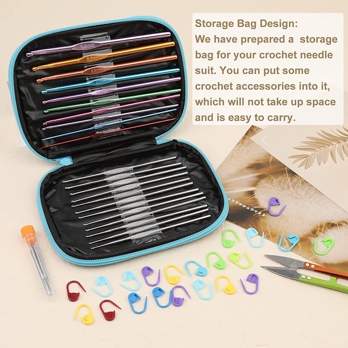 IMZAY 54 Pcs Crochet Needles Set, Crochet Hooks Kit with Storage Case, Ergonomic Knitting Blunt Needles Stitch Marker DIY Hand Knitting Craft Art Tools for Beginners(Blue)