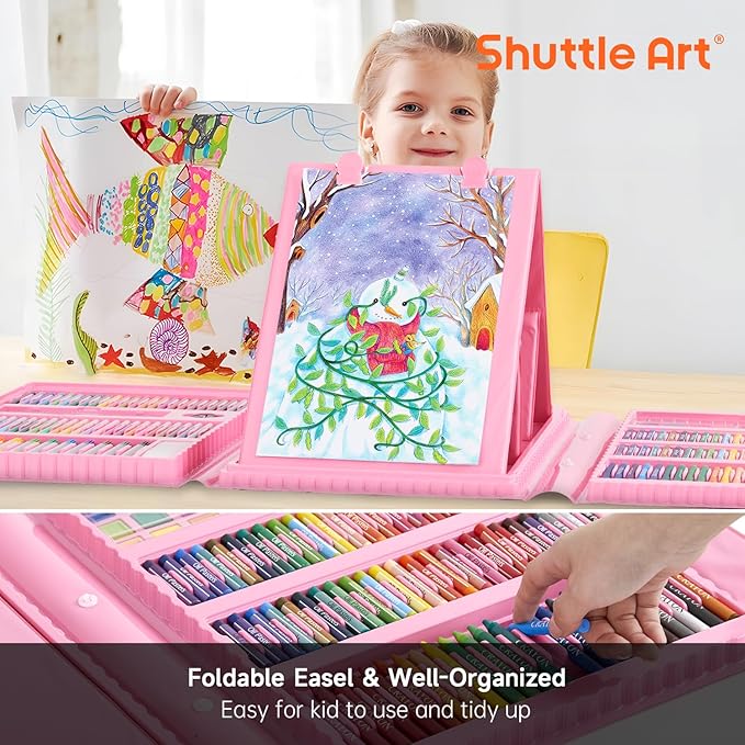 Shuttle Art 335 Piece Kids Art Set, Multi-Media Art Supplies, Gift Art Kit with Trifold Easel, 2 Drawing Pads, 2 Coloring Books, Oil Pastels, Crayons, Watercolors, Markers, Colored Pencils (Pink)