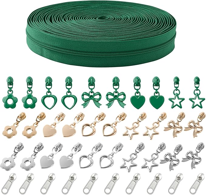 Mylbeter #3 Nylon Coil Zippers by The Yards Green Bulk Zippers 10 Yards with 40PCS Sliders Continuous Zipper Tape for DIY Bag Clothing Sewing Crafts Gold Pull Sliver Slider Zipper for Bags and Purses