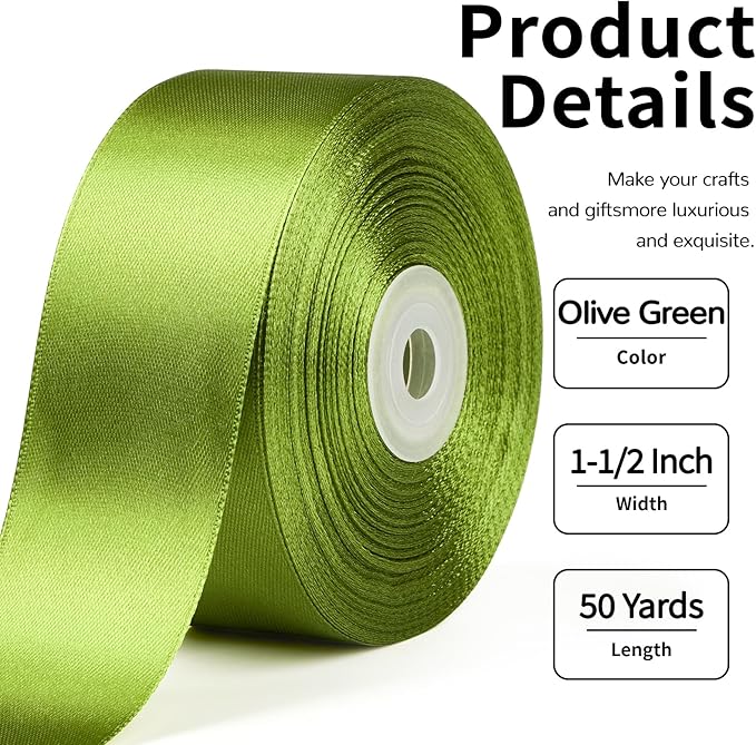 1-1/2 Inch Wide Olive Green Satin Ribbon, 50 Yards Solid Polyester Fabric Ribbon for Roses Making, Gift Wrapping, Wedding Decorations, Crafts, Bows, Flower Bouquets