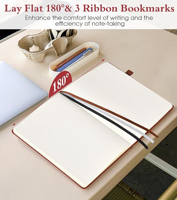 Dotted Journal Notebook for Women Men, 160 Pages Dot Grid Journals for Writing, A5 Hardcover Vintage Leather Bullet Journaling Notebooks for School, Work, Travel, Note Taking 5.8"x8.5"(Brown)