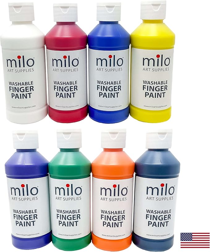 milo Kid's Washable Finger Paint Set of 8 Colors | 8 oz Bottles | Safe and Non-Toxic | Made in the USA | Arts & Crafts Paints for Kids, Toddlers, Pre School Supplies Painting Set for Children | Easy Pour and Squeeze Bottles