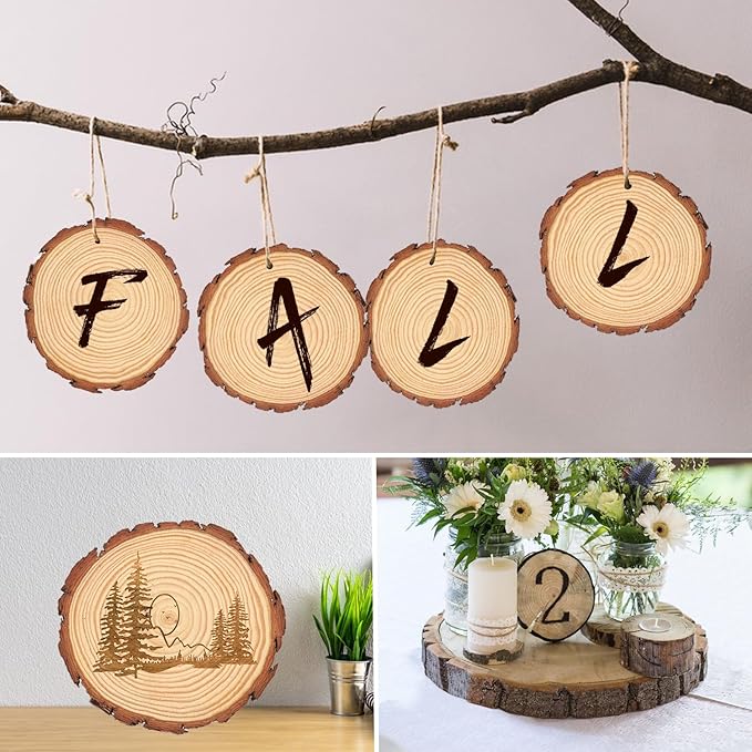 50 PCS 4-4.7 Inch Natural Wood Slices, Unfinished Pine Wood Circles with Barks for Coasters, DIY Crafts, Christmas Rustic Wedding Ornaments and Centerpieces,by GNIEMCKIN.