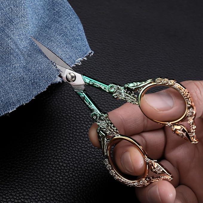 Embroidery Scissors, Sharp Pointed Sewing Scissors for Craft Cross Stitch Needlework Artwork Knitting Threading Small DIY Tools, 4.6in Gold Green Cute Bird