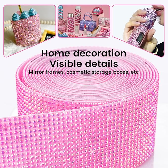Novani Self Adhesive Rhinestone Ribbon, 1.57 Inch Wide 3 Yards 1 Roll, Hot Pink AB Crystal Diamond Bling Strips for DIY Crafts, Home Decor, Clothing,Shoes, Car Decoration