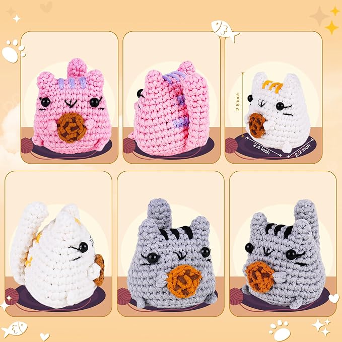 Crochetta Crochet Kit for Beginner, Crochet Starter Kit with Step-by-Step Video Tutorials, Learn Crochet Kits for Adults Women Men Complete Kit Included, 3 Packs Cookie Cat(40%+ Yarn)