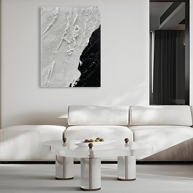 Art Hand-Painted Black and White Texture Abstract Art Oil Painting Modern Minimalist Art Painter Living Office Corridor Wall Deco Art 40x28 inches