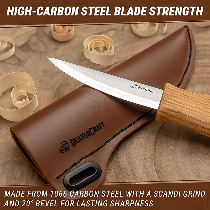 BeaverCraft Wood Carving Sloyd Knife C4s 3" - Whittling Knife with Leather Sheath for Carvers - Chip Wood Carving Tools for Beginner and Profi