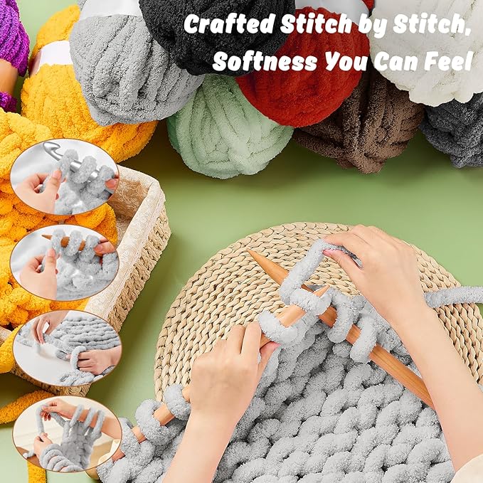inhand 8 Pack Chunky Chenille Yarn for Crocheting– 30.6 Yards, 7.7oz, Super Bulky, Soft Fluffy Plush Yarn for Hand or Arm Knitting– Ideal for Blankets, Crafts & DIY Projects (Light Gray)
