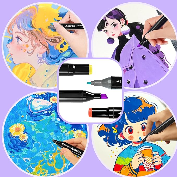 Alcohol Markers, 48 Colors Art Drawing Permanent Marker Set for Kids Adult Coloring Painting Supplies, Dual Tips Fine & Chisel Coloring Marker for Artist Illustration Sketch Books