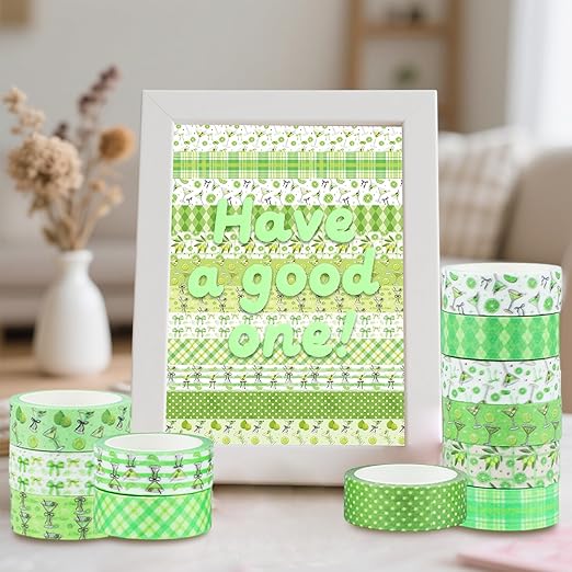 12 Rolls Greenery Washi Tape, Martini Bow Lemon Masking Tape, Checkered Martini Glass Decorative Sticker for Christmas Party Afternoon Tea Scrapbook Journal DIY Craft Gift Wraps 16.4FT