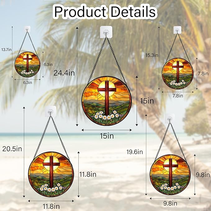 Christian Gifts for Women - Cross Stained Glass Window Hanging Easter Daisy Natural Landscape Sun Catcher Garden Religion Decor Mother's Day Catholic Gift for Men Grandma Mom Her Nana 11.8"