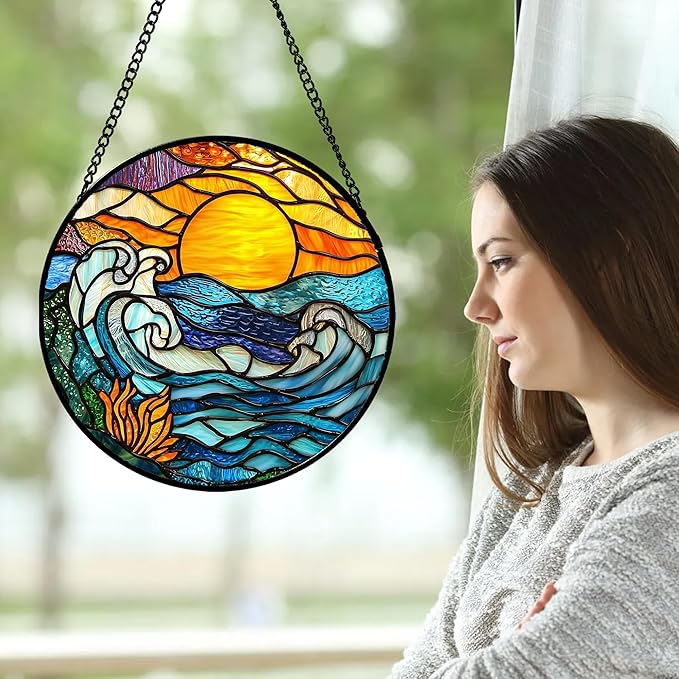 Stained Glass Window Hanging, Orange Sun Blue Sea Waves Landscape Suncatcher for Doors Window Home Sun Catchers Decor Mother's Day Birthday Gifts for Women, Men Mom 7.8 in