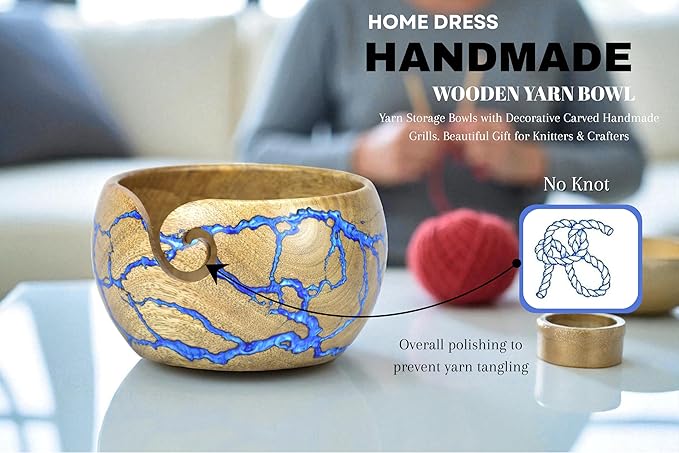 Large Yarn Bowl for Crocheting, Indian Rosewood Knitting Wooden Large Yarn Bowl Holder, Handmade Crocheting String Storage Holder, Knitting Crochet Accessories. (Lite Yellow + Blue Resin)