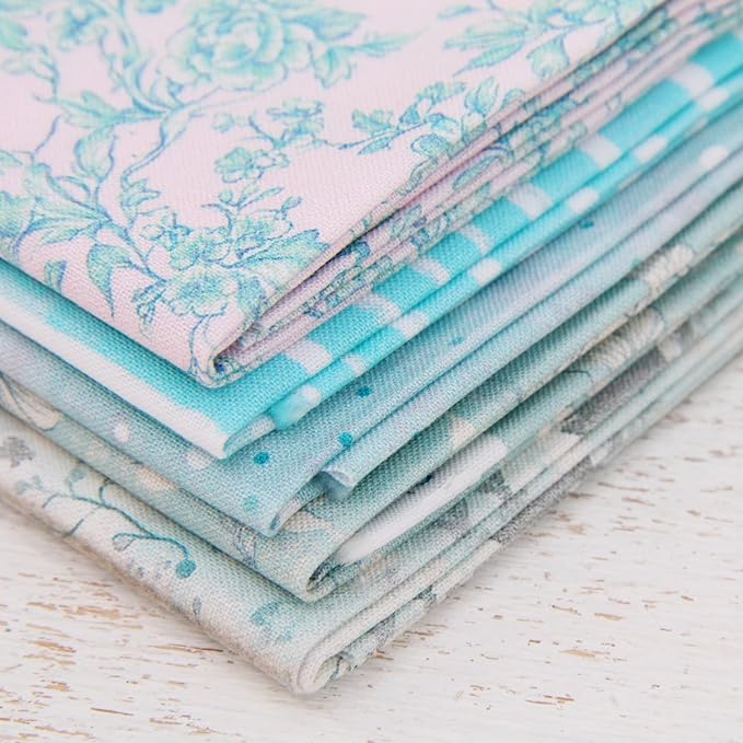 Threadart Exclusive 5 Fat Quarter Bundles - Light Aqua Vintage Prints 100% Cotton Fabric - Premium 100% Cotton Quilting Fabric - No Duplicates - Full Size Fat Quarters 18"x21" - Light Aqua